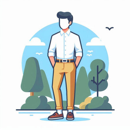Young man in medical mask standing in park. Vector flat illustration.のイラスト素材