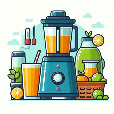 Vector illustration of juicer with fruits and juice in flat style.のイラスト素材