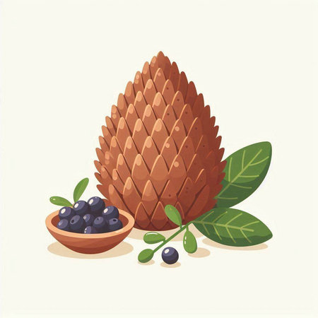 Pine cone with blueberries and green leaves. Vector illustration.のイラスト素材