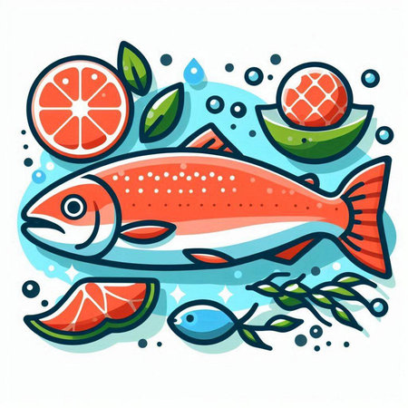 Vector illustration of fresh fish with lemon, grapefruit and seaweed.のイラスト素材