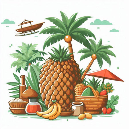 Tropical island with palm trees, coconut, pineapple, coconut, banana, coconut oil. Vector illustrationのイラスト素材