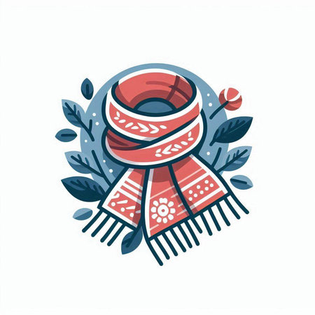 Vector hand drawn illustration of a winter scarf with a pattern. Design element for poster, card, banner, print.のイラスト素材