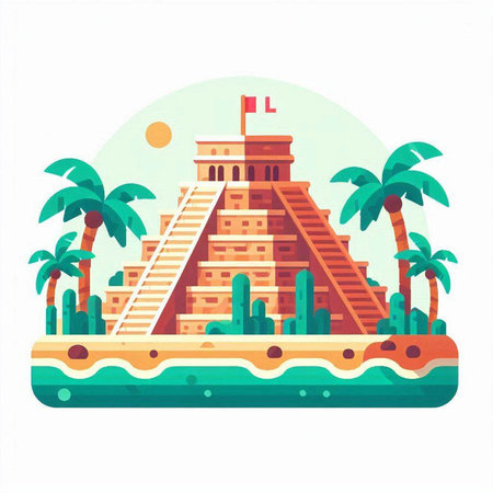 Ancient Mayan pyramid with palm trees, vector illustration in flat styleのイラスト素材