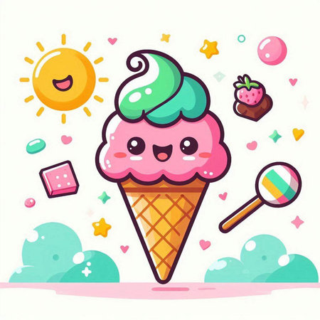 Cute ice cream in waffle cone. Vector cartoon character illustration.のイラスト素材