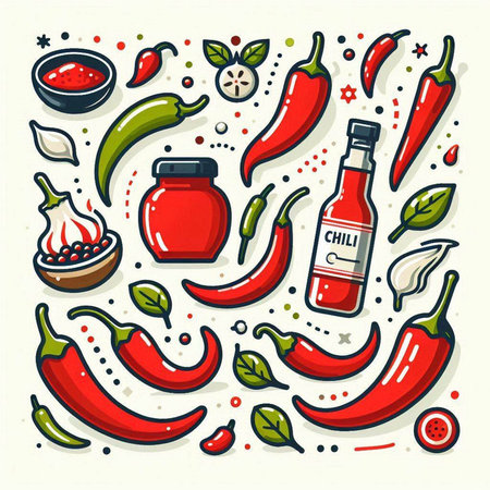 Set of chili peppers and condiments in flat style. Vector illustration.のイラスト素材