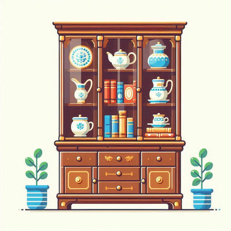 Vintage cupboard with books and teapot. Vector illustration.のイラスト素材
