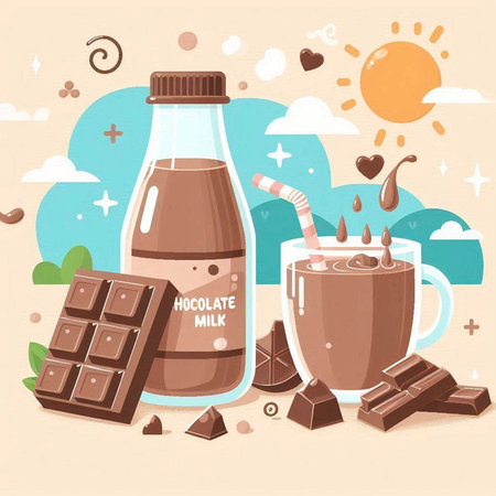 Milk chocolate drink in a glass bottle with a straw, chocolate pieces and a jar of milk, vector illustrationのイラスト素材