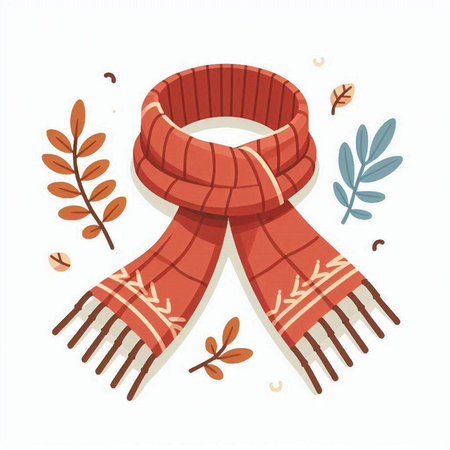 Vector illustration of a scarf and autumn leaves on a white background.のイラスト素材