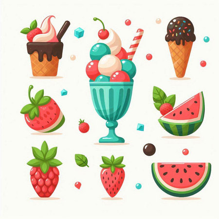 Ice cream vector set. Strawberry, cherry, watermelon, vanilla, chocolate, ice cream.のイラスト素材