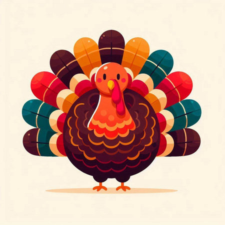 Cartoon Thanksgiving Turkey. Vector illustration in flat style on light background.のイラスト素材