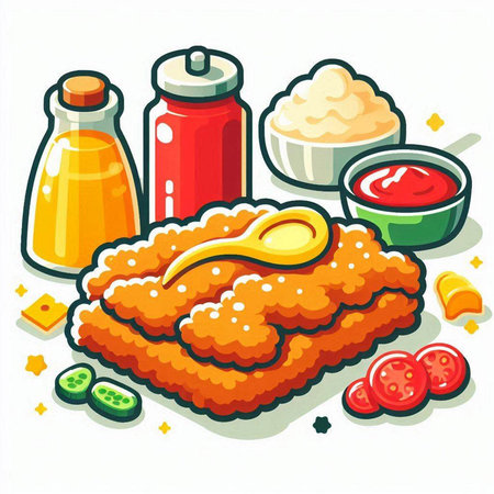 Illustration of chicken nuggets with sauce and vegetables on a white backgroundのイラスト素材