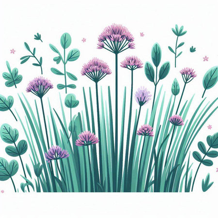 Watercolor meadow with pink flowers and grass. Vector illustration.のイラスト素材