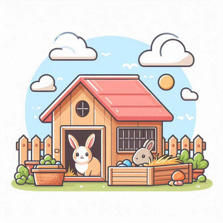 Cute rabbit and rabbit in a wooden house. Vector illustration.のイラスト素材