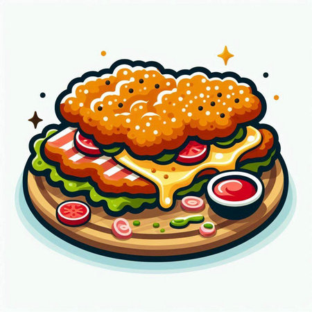 Illustration of hamburger with sesame seeds and ketchup.のイラスト素材