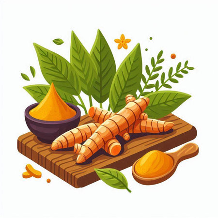 Ginger root, turmeric powder and leaves. Vector illustration.のイラスト素材