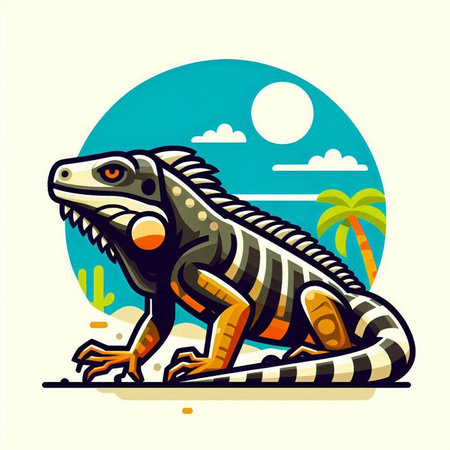Vector illustration of iguana on the background of the sun and palm treesのイラスト素材
