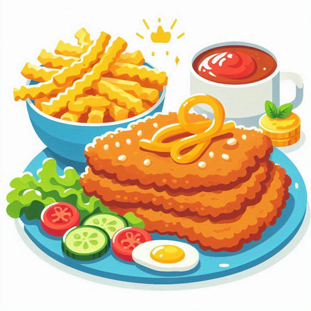 Illustration of fried chicken nuggets served with french fries and tomato sauceのイラスト素材