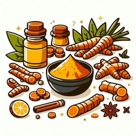 Turmeric and turmeric powder in a bowl and ingredients. Vector illustration.のイラスト素材
