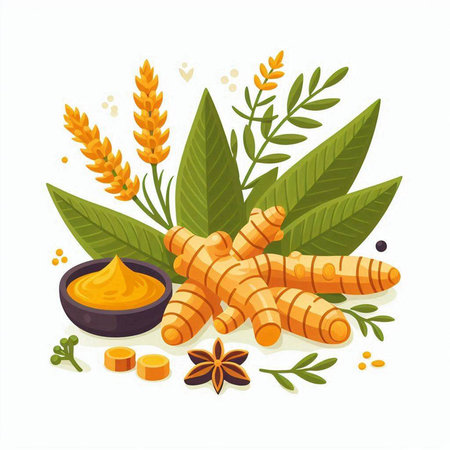 Ginger root, turmeric powder, spices and herbs vector illustration.のイラスト素材