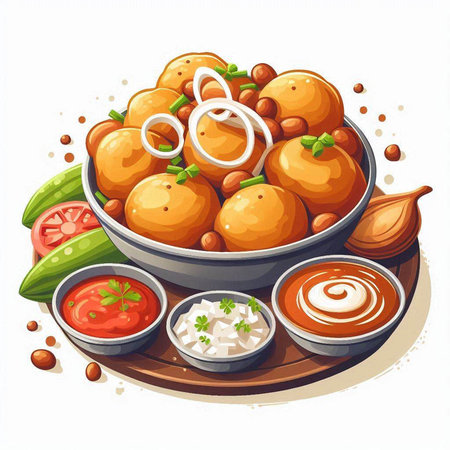 Indian masala in bowl with spices and vegetables. Vector illustration.のイラスト素材