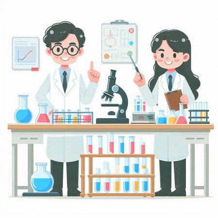 Vector illustration of a male and female scientist working in a laboratory.のイラスト素材
