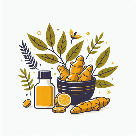 Ginger root, honey, lemon and olive branch. Vector illustration.のイラスト素材