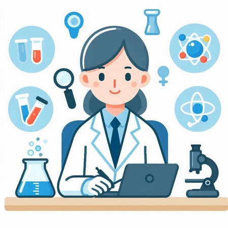 Illustration of a female scientist working at the laboratory with a laptopのイラスト素材