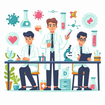 Vector illustration of a group of scientists working at the laboratory. Teamwork conceptのイラスト素材
