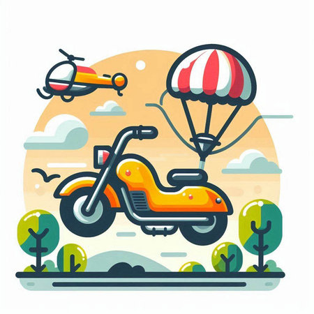 Vector illustration of a scooter with parachute on the background of nature.のイラスト素材