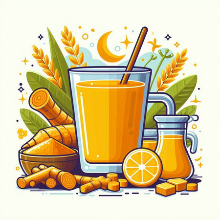Vector illustration of turmeric smoothie in glass with cinnamon, ginger, lemon, turmeric, honey.のイラスト素材