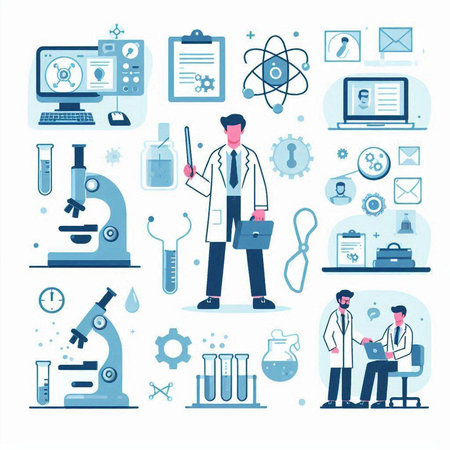 Scientist laboratory research and development concept. Vector illustration in flat styleのイラスト素材