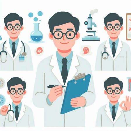 Set of doctor character in flat style. Vector illustration isolated on white background.のイラスト素材