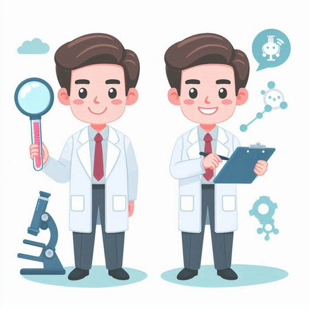 Scientist man and woman working in the laboratory. Vector illustration.のイラスト素材