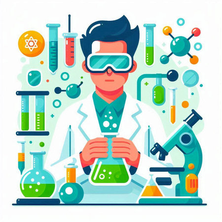 Scientist in laboratory. Vector illustration in flat style. Concept for science and education.のイラスト素材