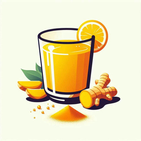 Freshly squeezed turmeric juice in a glass. Vector illustration.のイラスト素材