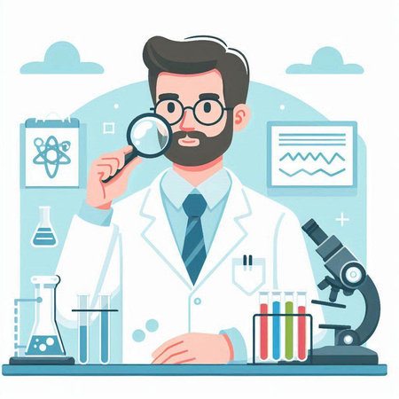 Scientist with magnifier and microscope. Vector illustration in flat styleのイラスト素材