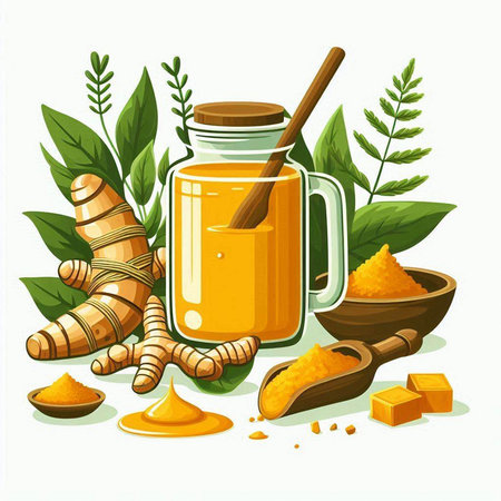 Vector illustration of honey in a glass jar with turmeric, ginger root, honeycomb and wooden spoon.のイラスト素材