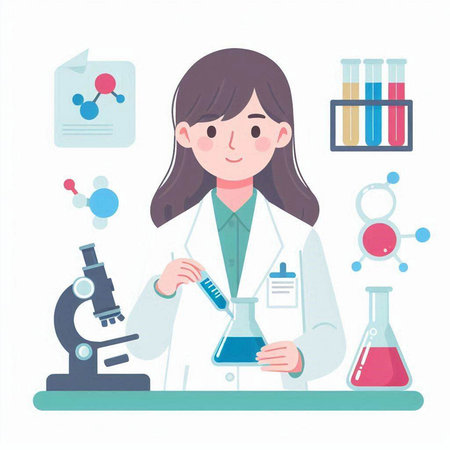 Female scientist in laboratory with microscope and test tube. Vector illustration.のイラスト素材
