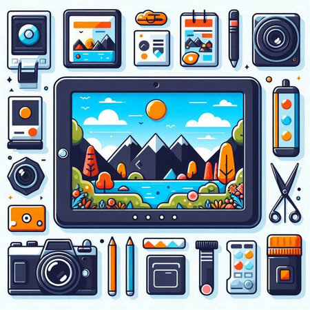 Colorful vector illustration of a set of different gadgets and gadgets.のイラスト素材
