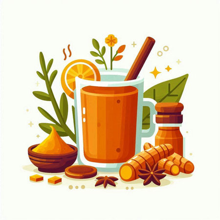 Mulled tea with cinnamon, ginger and honey. Vector illustration.のイラスト素材