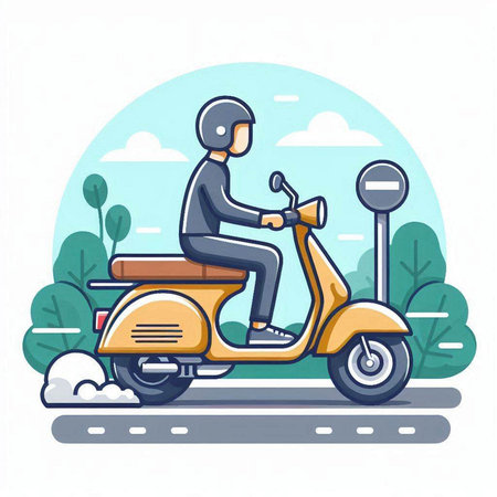 Man riding scooter on the road. Vector illustration in flat styleのイラスト素材