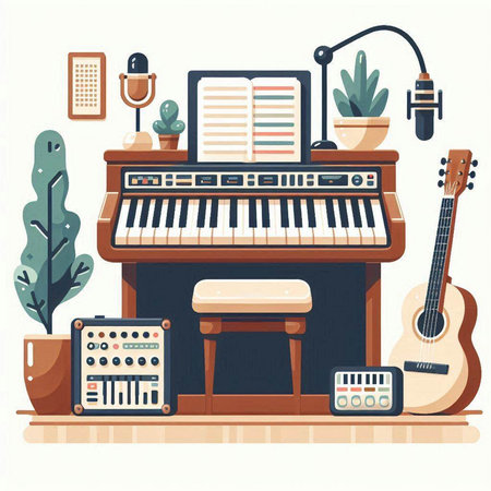 Music studio flat design vector illustration. Piano, piano, electric guitar, amplifier, note book, amplifier, microphone.のイラスト素材