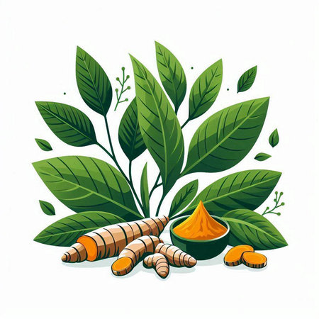 Turmeric root, leaves and powder on white background. Vector illustration.のイラスト素材