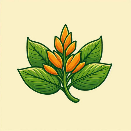 Illustration of a yellow flower with green leaves on a light backgroundのイラスト素材