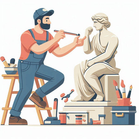 The artist paints the statue of the ancient Greek goddess with a brush. Vector illustrationのイラスト素材