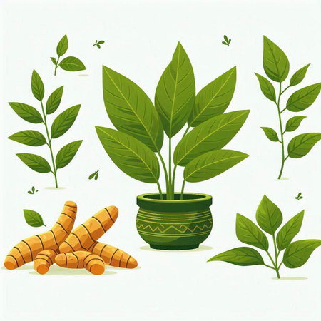 Ginger root and leaves on the white background. Vector illustration.のイラスト素材