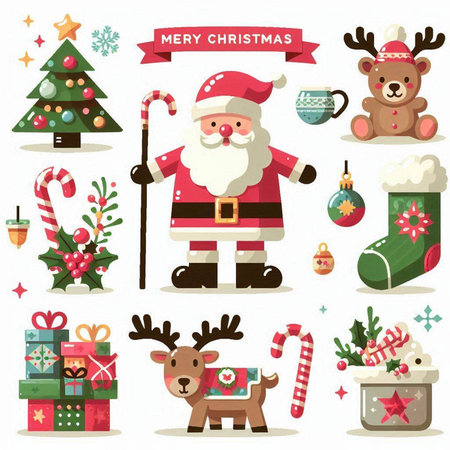Christmas and New Year vector illustration. Santa Claus, reindeer, candy cane, christmas tree, snowflakes, gifts, candy canes.のイラスト素材