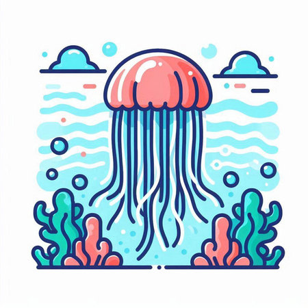 Jellyfish in the sea. Vector illustration in flat style.のイラスト素材
