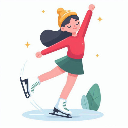 Cute little girl skating on ice rink. Winter sport activity. Vector illustration in cartoon styleのイラスト素材