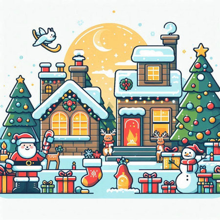 Vector illustration of Santa Claus with reindeer and gifts in front of the houseのイラスト素材